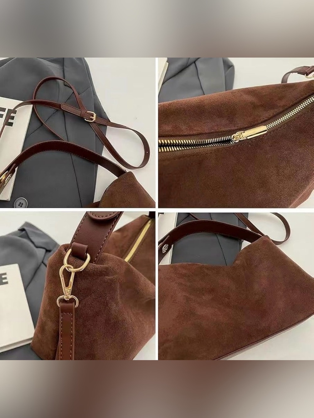 Women's Brown Faux Suede Hobo Bag - Classic Shoulder Style - Picture 4 of 12